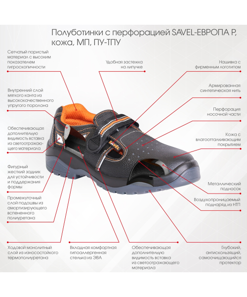 Полуботинки летние с перфорацией Savёl-Европа Р кожа, МП, ПУ-ТПУ